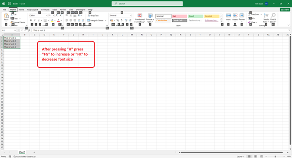 Excel 如何通过快捷键增加或减小字体大小