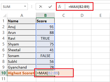 Excel MAX()函数