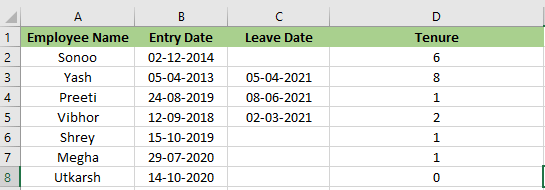 Excel 计算任职时长的公式