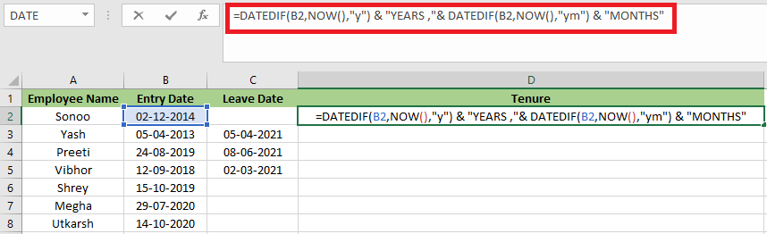 Excel 计算任职时长的公式