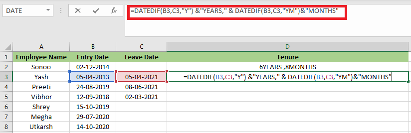 Excel 计算任职时长的公式