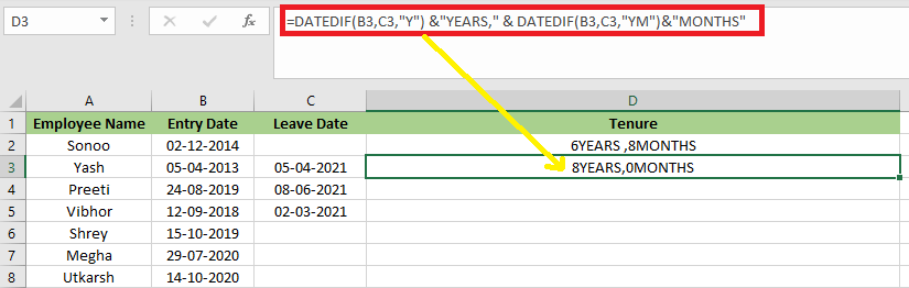 Excel 计算任职时长的公式