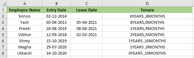 Excel 计算任职时长的公式