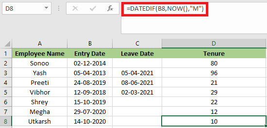 Excel 计算任职时长的公式