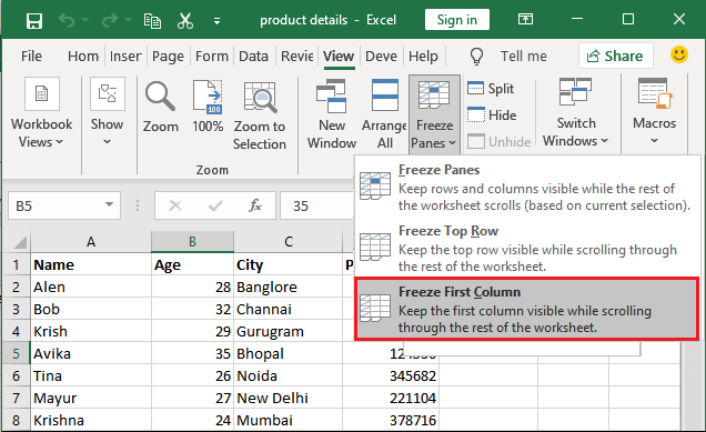 Excel 冻结单元格