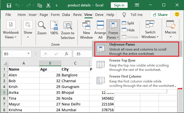 Excel 冻结单元格