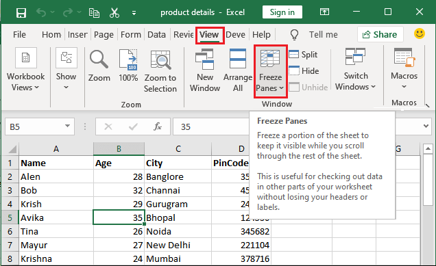 Excel 冻结单元格