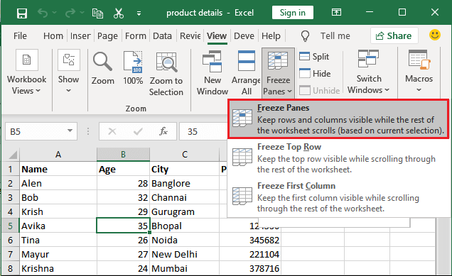 Excel 冻结单元格