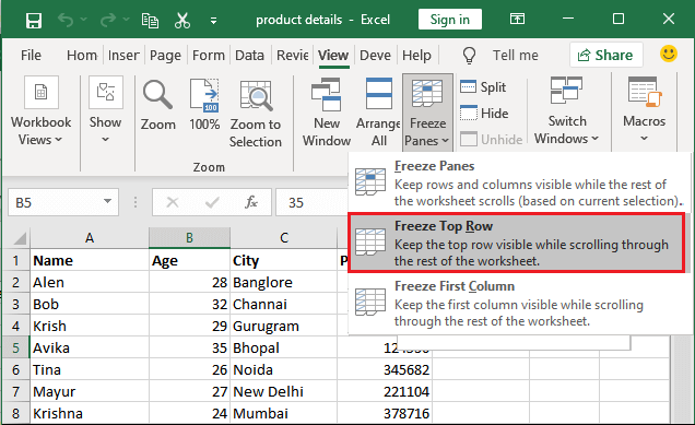 Excel 冻结单元格