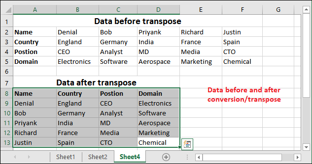 Excel 将行转换为列