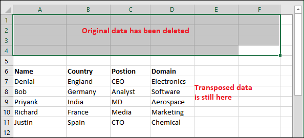 Excel 将行转换为列