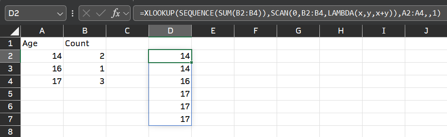 Excel 如何将年龄计数列转换成适用于统计的集合