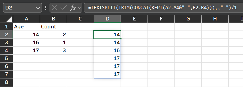 Excel 如何将年龄计数列转换成适用于统计的集合