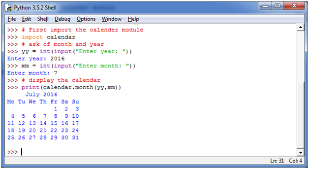 Python 函数显示日历