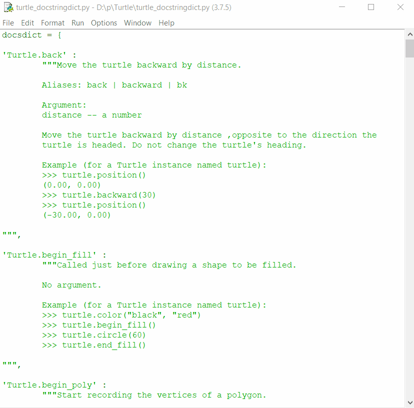 Python中的turtle.write_docstringdict()函数