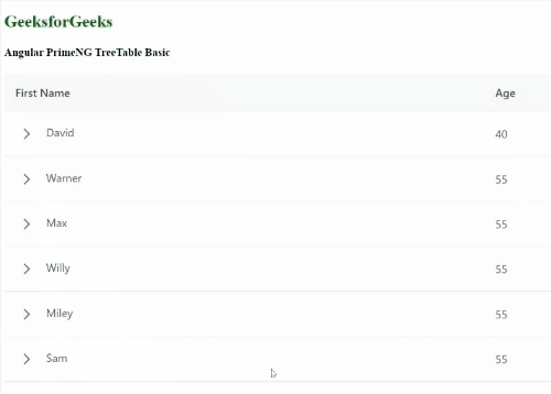 Angular PrimeNG TreeTable Basic