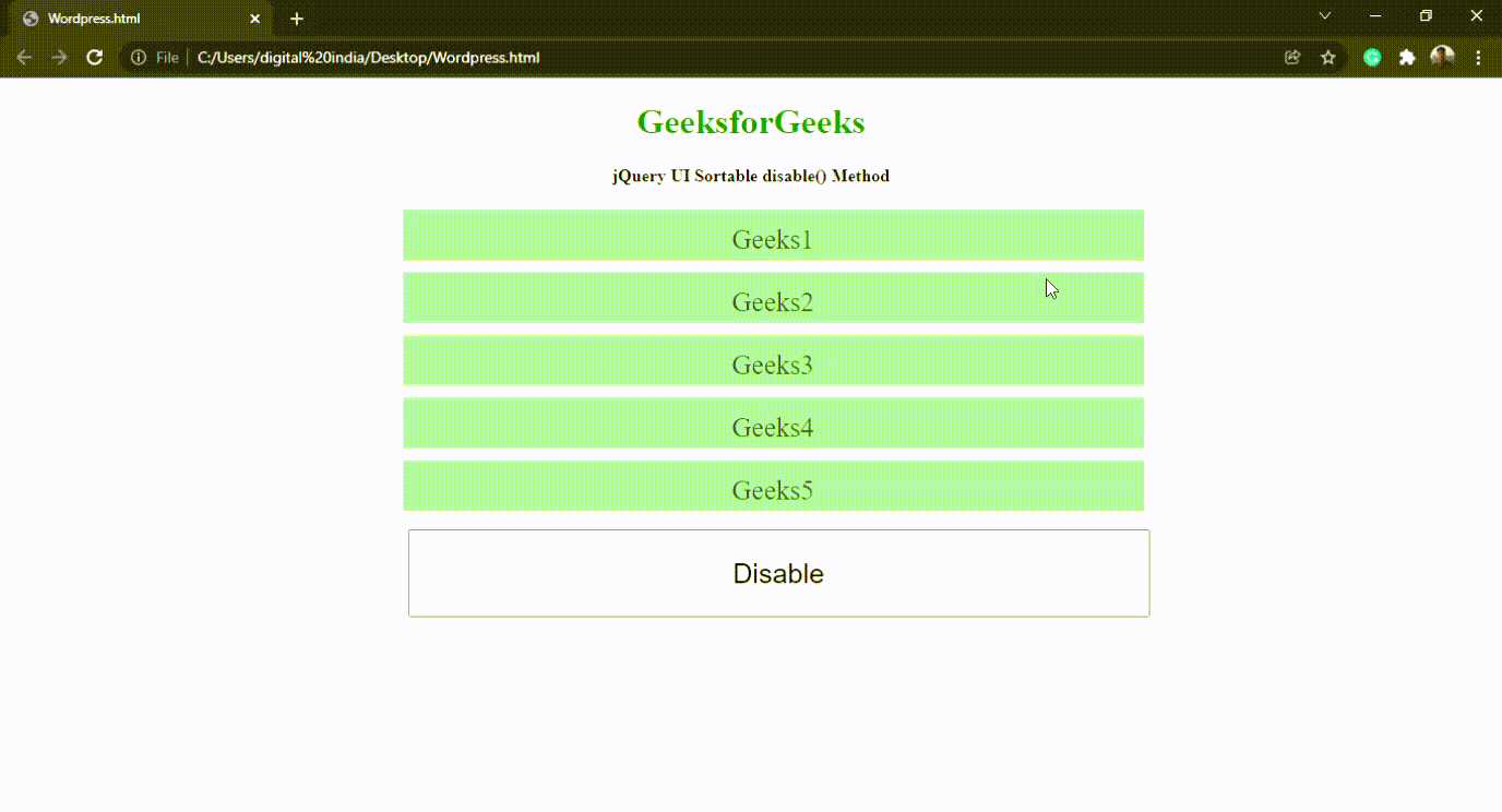 jQuery UI Sortable disable() 方法