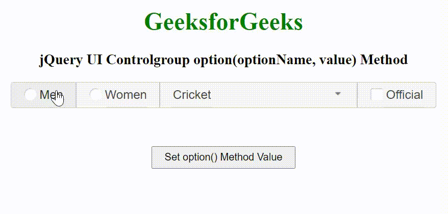 jQuery UI controlgroup option(optionName, value)方法