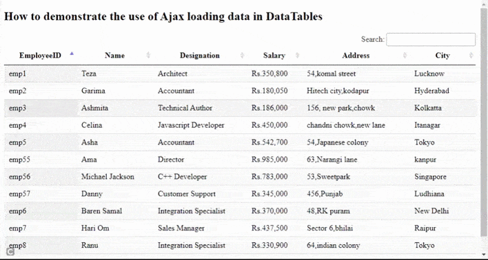 如何演示在DataTables中使用Ajax加载数据？