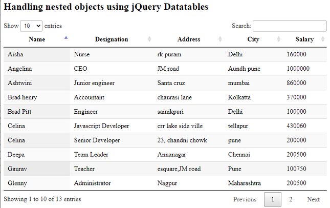 使用jQuery DataTables插件处理嵌套数据对象