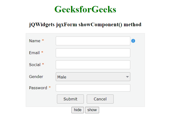 jQWidgets jqxForm showComponent()方法