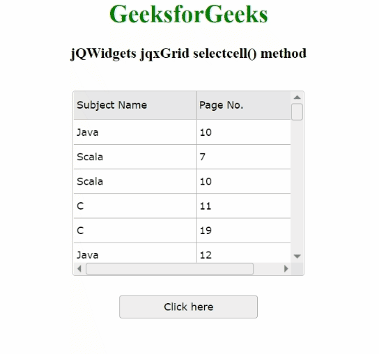jQWidgets jqxGrid selectcell()方法