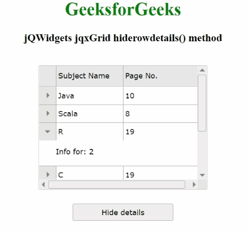 jQWidgets jqxGrid hiderowdetails() 方法