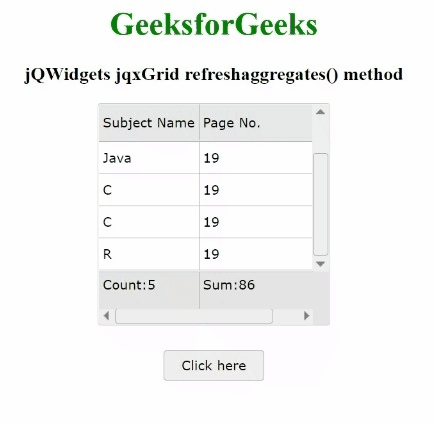 jQWidgets jqxGrid refreshaggregates()方法