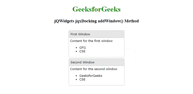 jQWidgets jqxDocking addWindow()方法 jQWidgets jqxDocking addWindow()方法