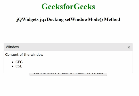 jQWidgets jqxDocking setWindowMode() 方法