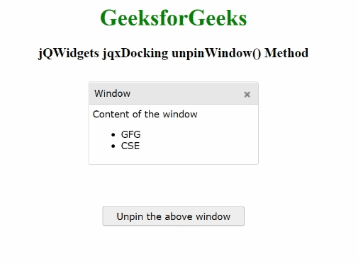 jQWidgets jqxDocking unpinWindow() 方法
