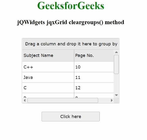 jQWidgets jqxGrid cleargroups()方法