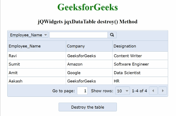 jQWidgets jqxDataTable destroy()方法