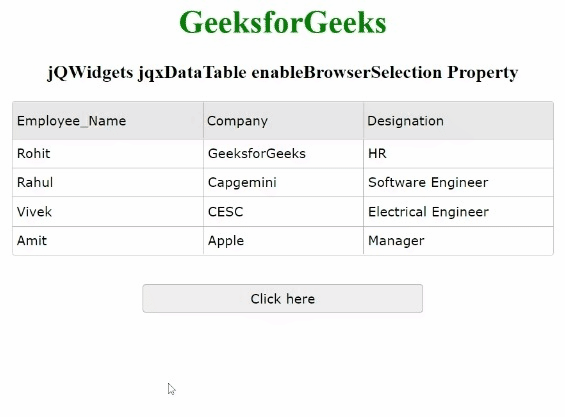jQWidgets jqxDataTable enableBrowserSelection属性