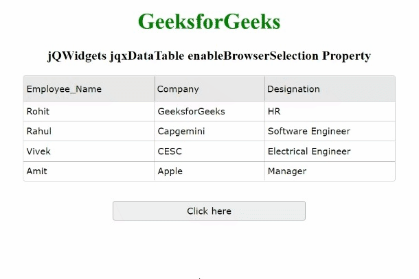 jQWidgets jqxDataTable enableBrowserSelection属性