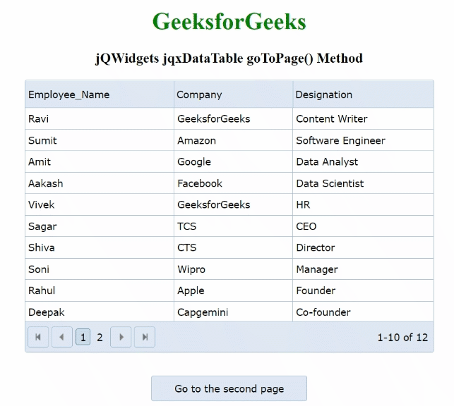 jQWidgets jqxDataTable goToPage()方法