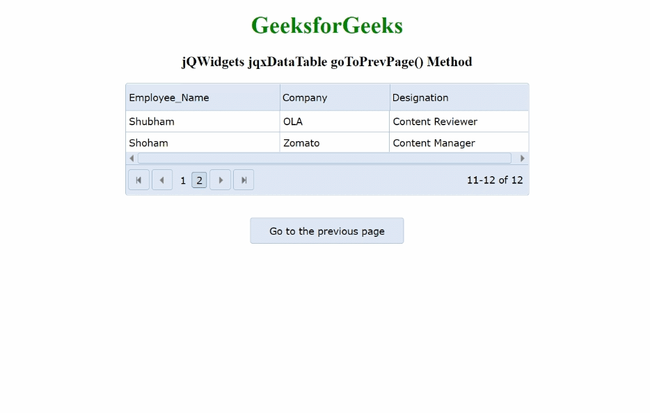 jQWidgets jqxDataTable goToPrevPage()方法