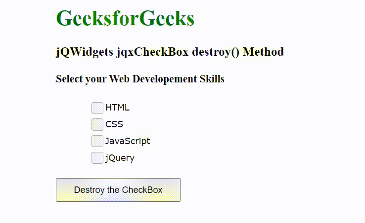 jQWidgets jqxCheckBox destroy()方法