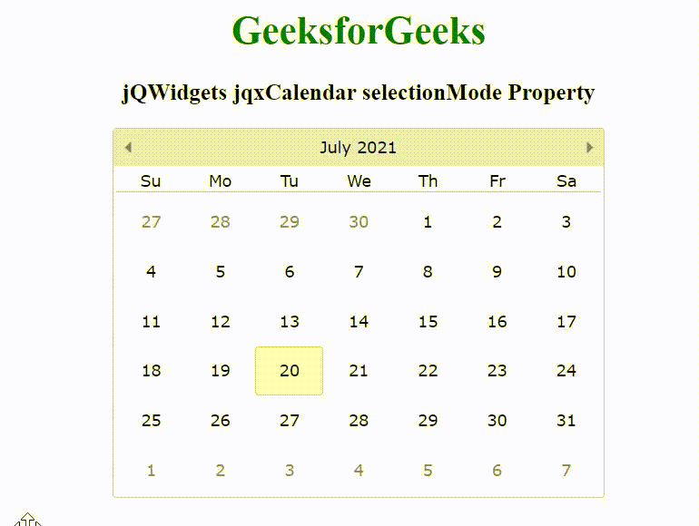 jQWidgets jqxCalendar selectionMode属性