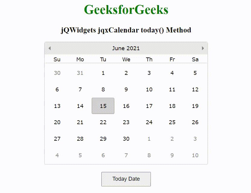 jQWidgets jqxCalendar today()方法 jQWidgets jqxCalendar today()方法