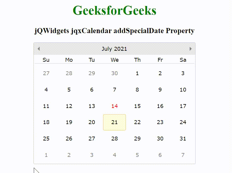 jQWidgets jqxCalendar addSpecialDate属性