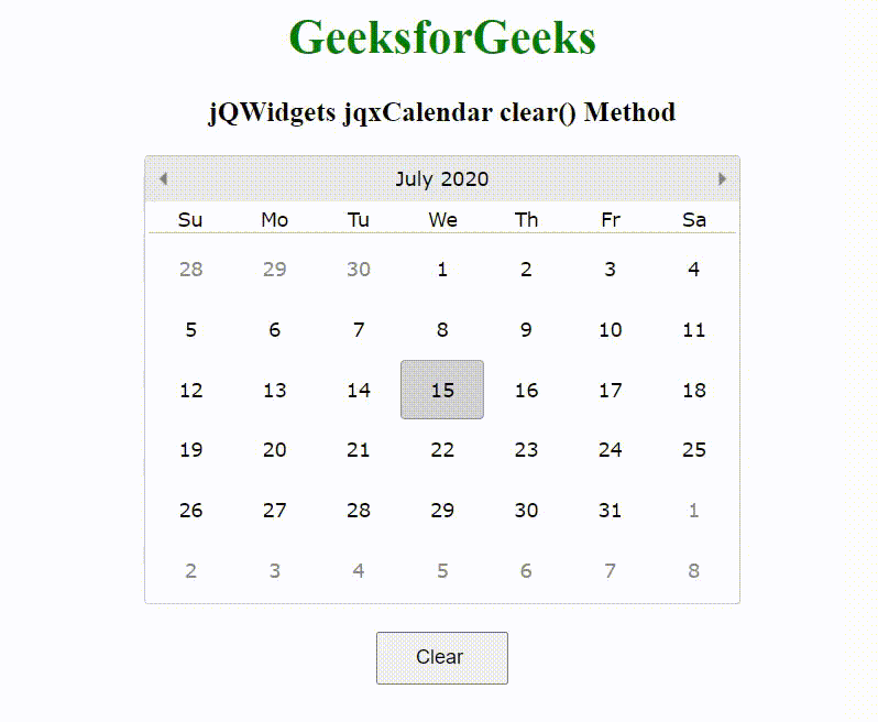 jQWidgets jqxCalendar clear()方法 jQWidgets jqxCalendar clear()方法