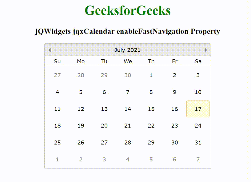 jQWidgets jqxCalendar enableFastNavigation属性