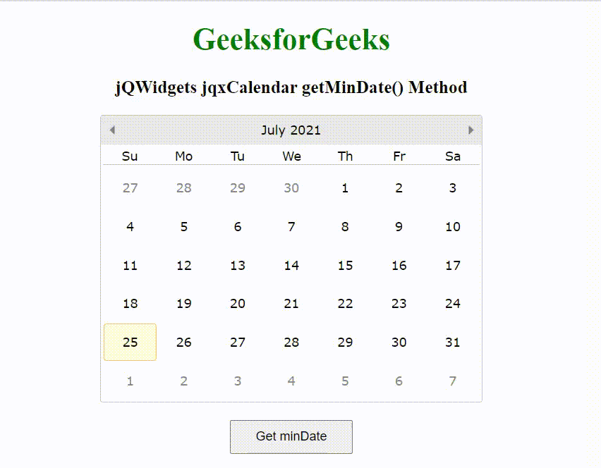 jQWidgets jqxCalendar getMinDate()方法