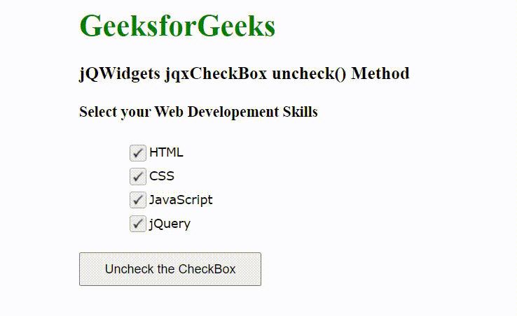 jQWidgets jqxCheckBox uncheck()方法