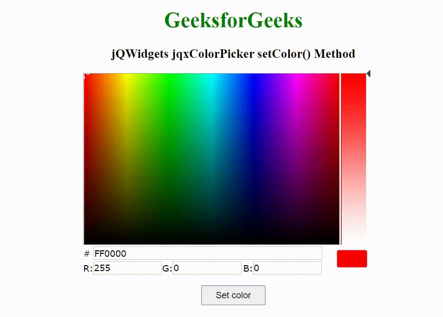 jQWidgets jqxColorPicker setColor()方法