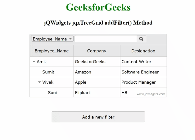 jQWidgets jqxTreeGrid addFilter()方法