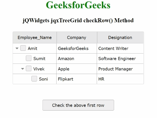 jQWidgets jqxTreeGrid checkRow()方法