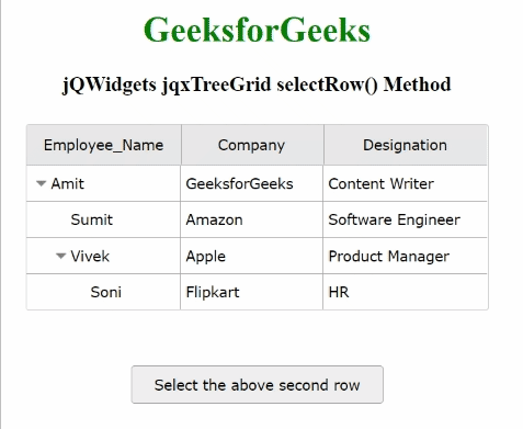 jQWidgets jqxTreeGrid selectRow()方法