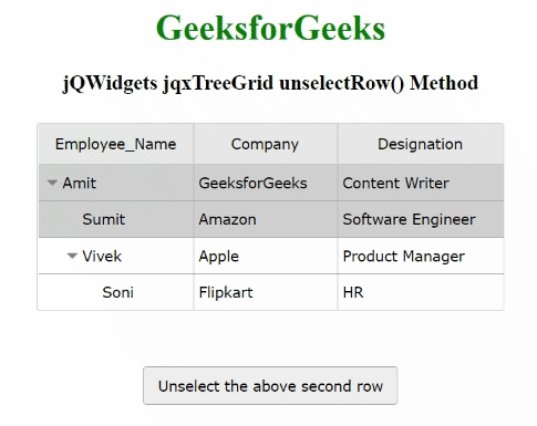 jQWidgets jqxTreeGrid unselectRow() 方法